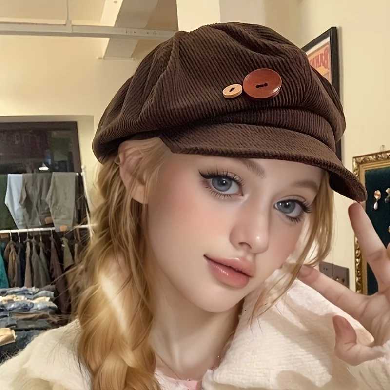 Vintage Beret Brown Vintage Japanese Style Octagonal Beret Hat with Button Flannel Face Painting CapXJ251204 - view 3