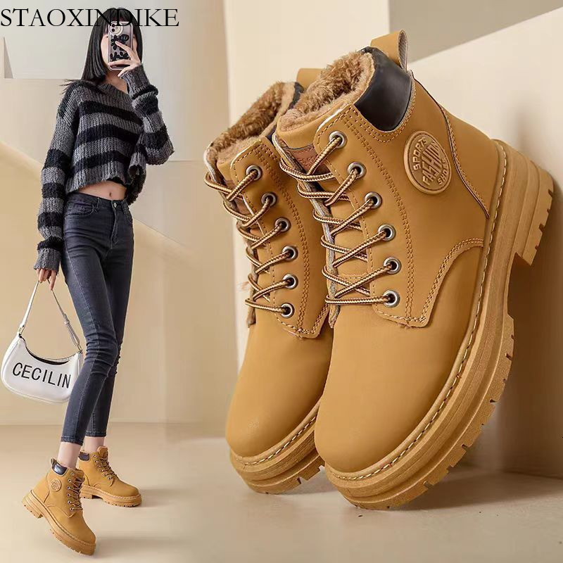 2025 Winter Hot-Selling Women's Martin Boots British Style Women's Shoes Hiking Short Boots with Fleece Yellow Boots