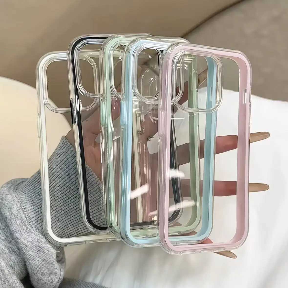 Luxury Candy Color Frame Clear Back Phone Case For iPhone 17 16 15 14 13 12 Pro Max 11 16PLUS 17 Acrylic Shockproof Bumper Cover H251203
