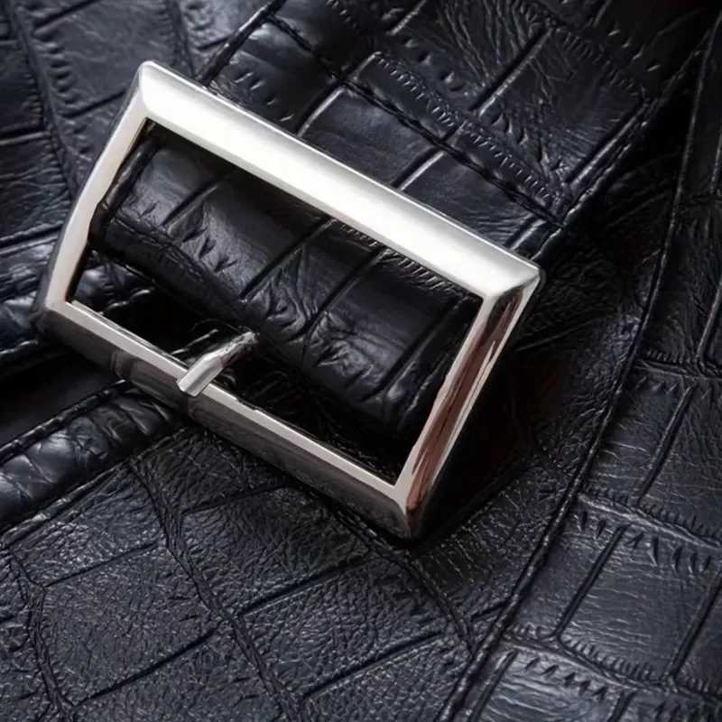 Mens Autumn/Winter PU Leather Jacket Slim Fit Vintage Suit Leather with Belt Motorcycle Lapel Single Breasted CoatT251204