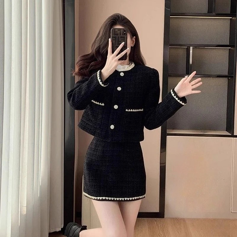 Winter Womens Two Pieces Set Tweed Suit Set with Blazer and Skirt Button Chic Korean Fashion Casual Events Woman Clothes 251203