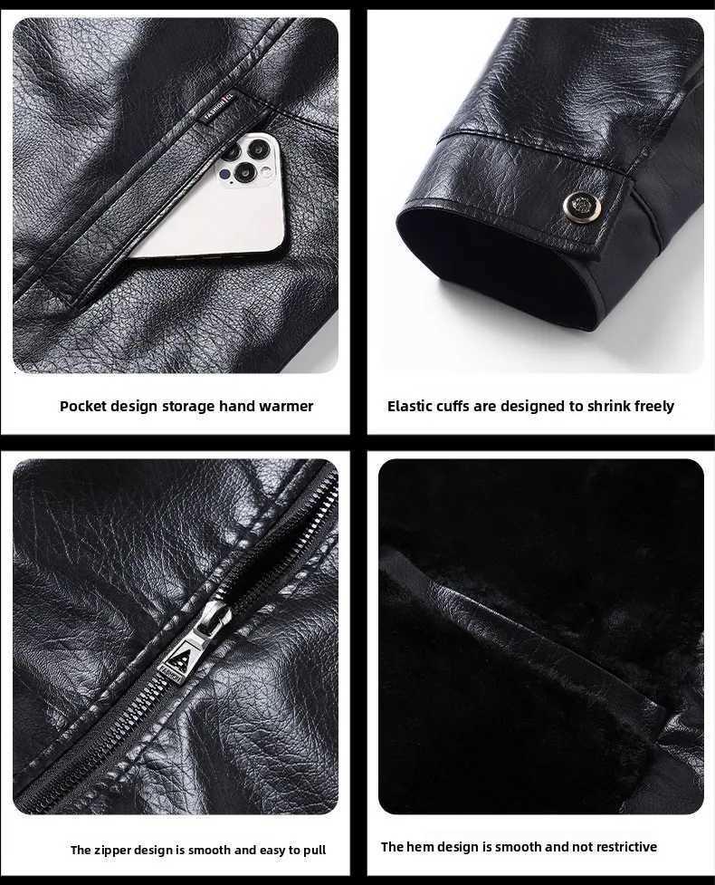2025Plush Thickened Faux Leather Jacket Mens Fur Collar Jacket Windproof Waterproof Business Jacket Winter motorcycle jacketT251204