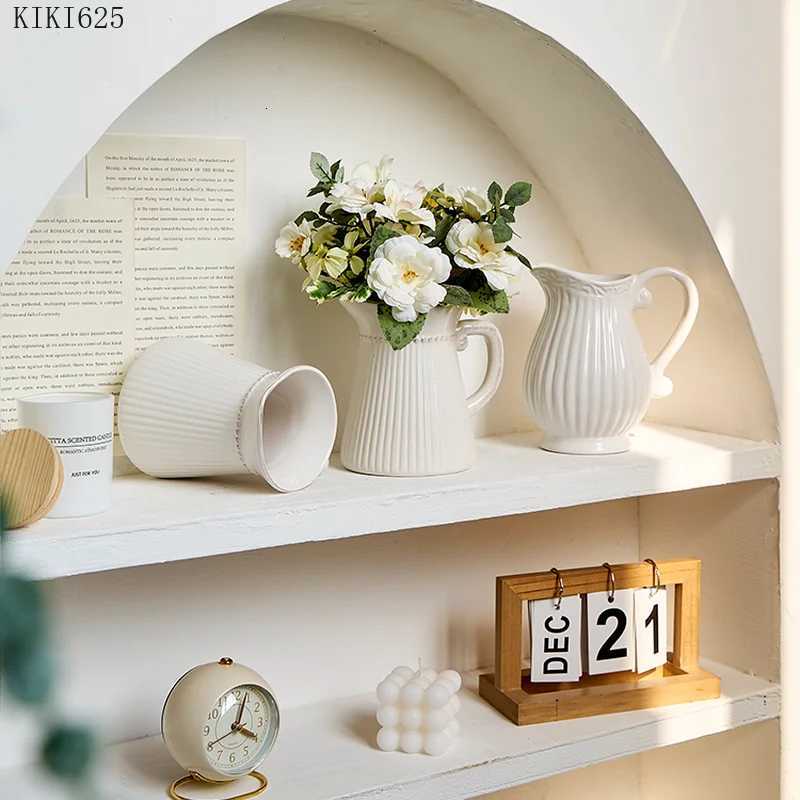 Creative Striped White Kettle Vase Flower Arrangement Desktop Decoration Ceramic Milk Jug Flower Vase Art Living Ro Decoration H251204