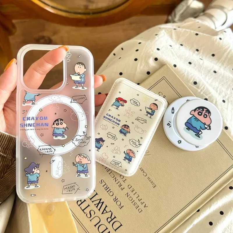 Cute cartoon Crayon Shin-chan Wallet Wireless Charg Phone Case For iPhone 17 13 14 15 16Pro Max Shin-chan Magnetic Stan H251203
