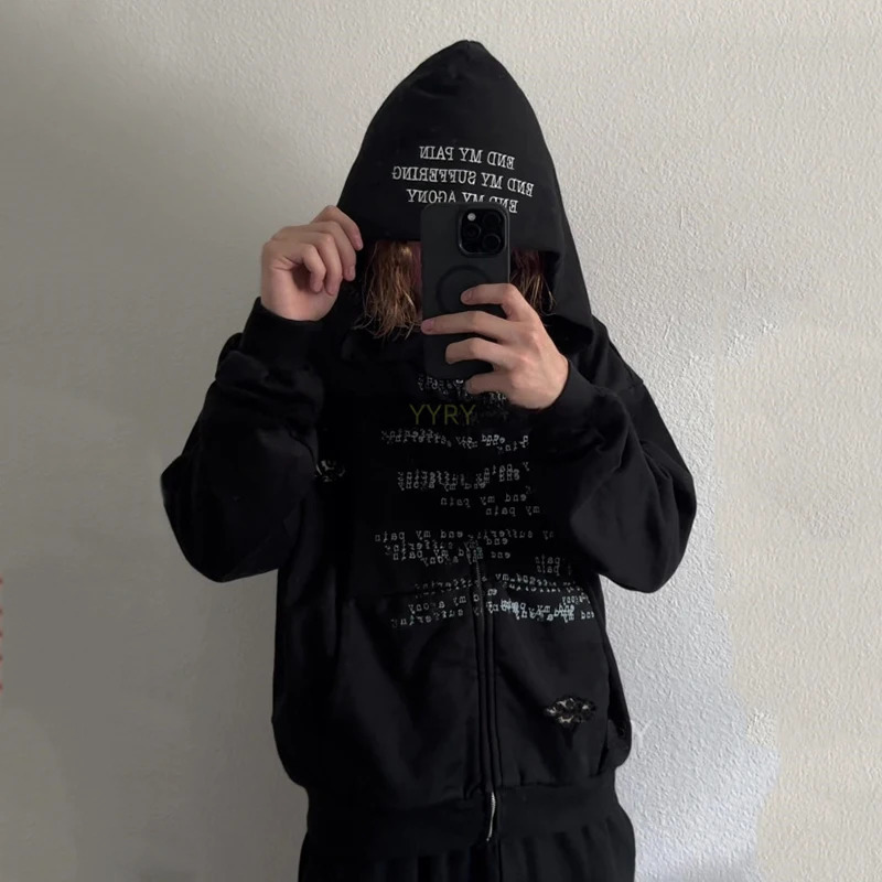 Personalized Letter Printed Ripped Zipper Sweatshirt Long Sleeved Pullover Hoodie Y2K Style Autumn Winter Fashion 251204 - view 3