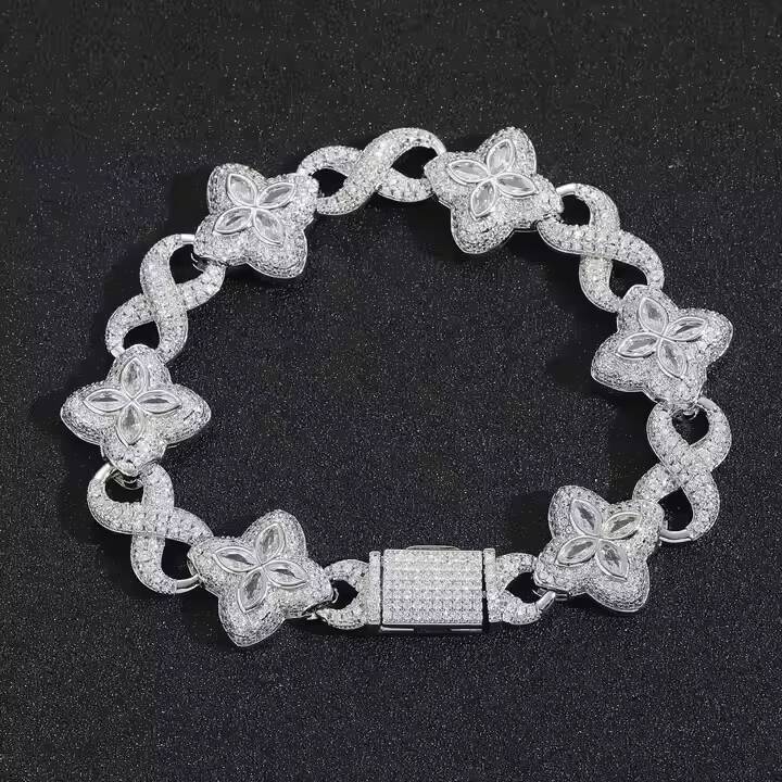 10mm Gold Silver Plated Link Chain Moissanite Iced Four Leaf Clover Cuban Necklace Perfect Daily Wear Wedding Gift