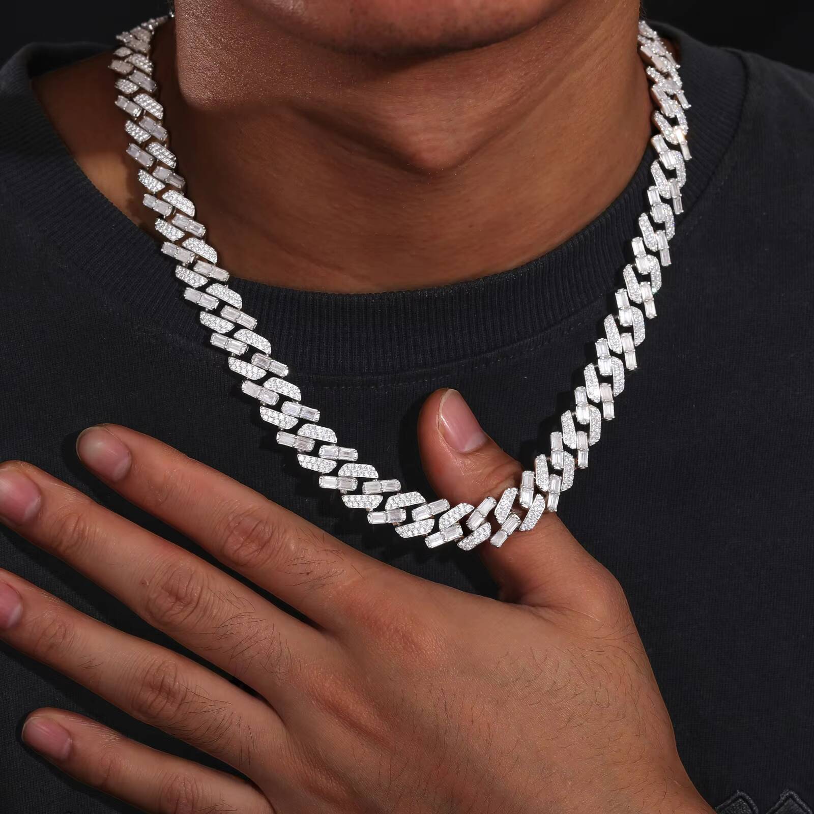 Pass Diamond Tester 12mm 14K 18K 925 Sterling Silver VVS Baguette Moissanite Iced Out Cuban Link Chain Necklace for Men