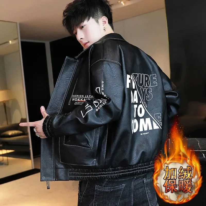 Fashionable Leather Jacket Autumn Winter New Coat Korean Style 2025 Top Trendy Printed Lapel Plus Velvet Motorcycle ClothesT251204