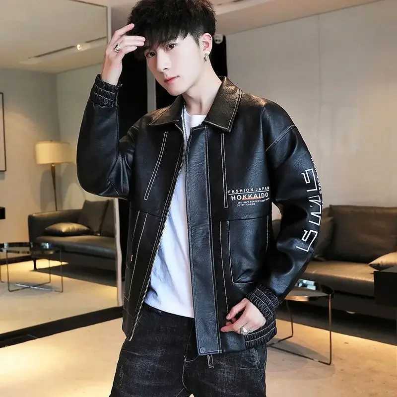 Fashionable Leather Jacket Autumn Winter New Coat Korean Style 2025 Top Trendy Printed Lapel Plus Velvet Motorcycle ClothesT251204