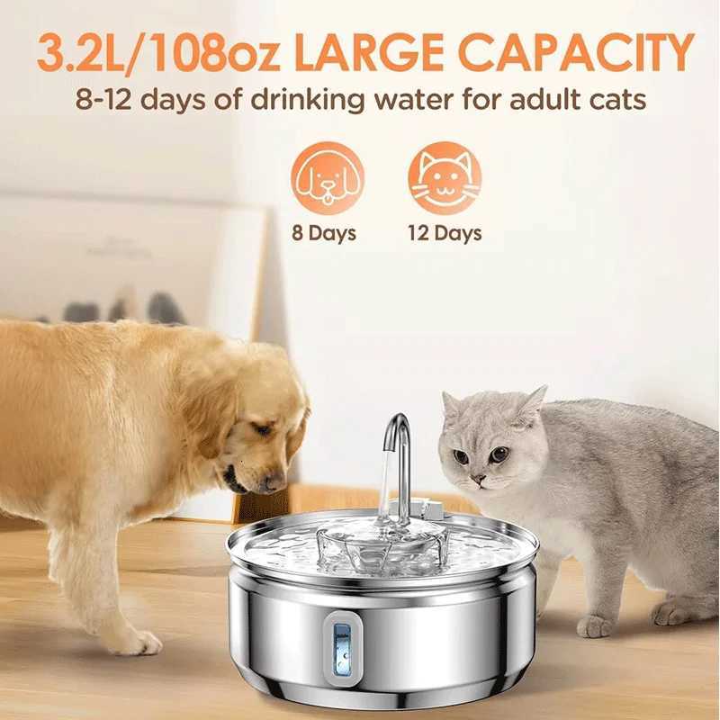 32L Stainless Steel Pet Water Fountain With Visible Window Filtration System Automatic Cat Fountain for Cats/Dogs Drinking Bowl M251204