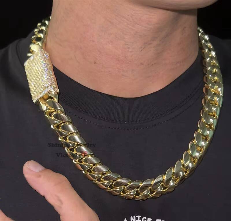 GRA Certificated 20MM 14k Gold Plated 999 Silver Tight Link Iced Out Cuban Link Chain with Moissanite Lock