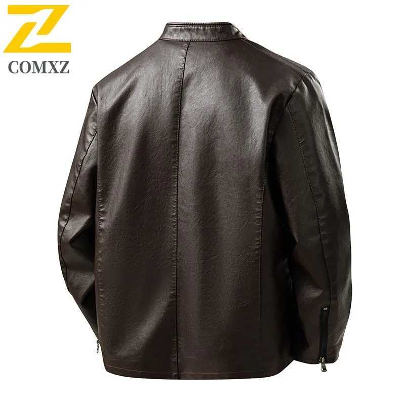 COMXZ Outdoor Sport Leather Jacket Youth Winter Waterproof Windproof Slim Men Coat Solid Color Motorcycle Stand Collar PU TopT251204