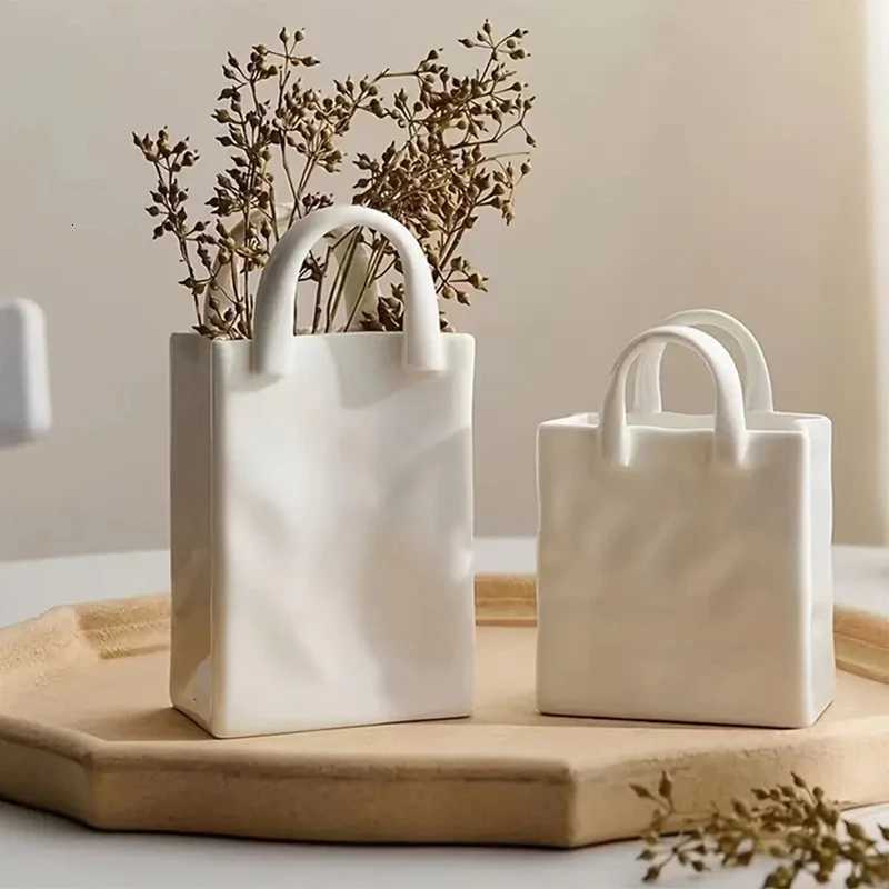 1pc Handbag Shape Vase Modern Decorative White Vase He Decoration Dried Flower Arrangement Table Decoration H251204