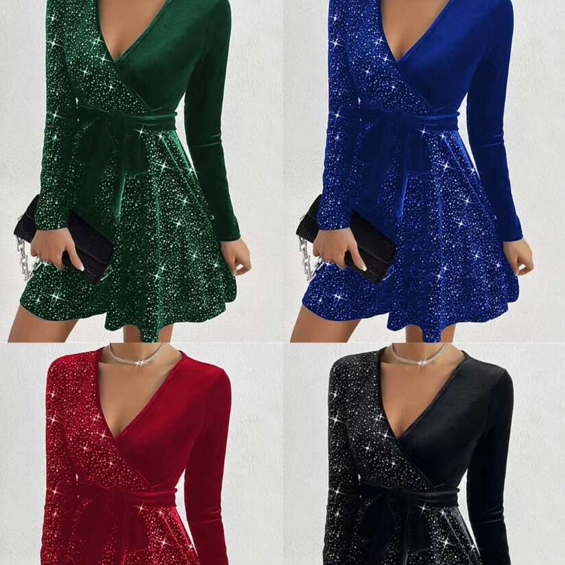 Dress for Women Designer Luxury Spring 2026 Autumn Winter Sexy V-Neck Bodycon Irregular Short Sequin Dress - view 4