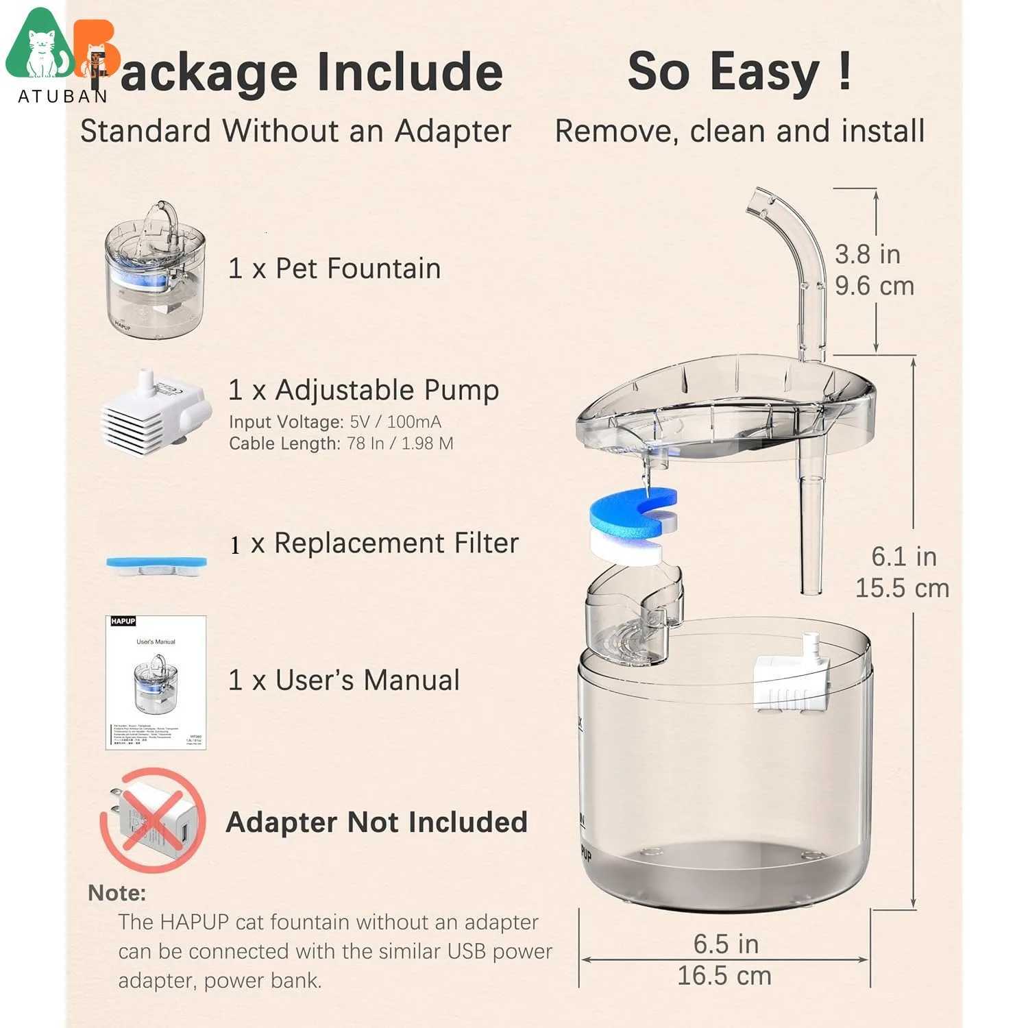 ATUBAN Cat Water Fountain Animal Water Dispenser 61OZ/18L Automatic Pet Drinking Fountain Clear Upgrade for Cats Kitty Indoor M251204 - view 7