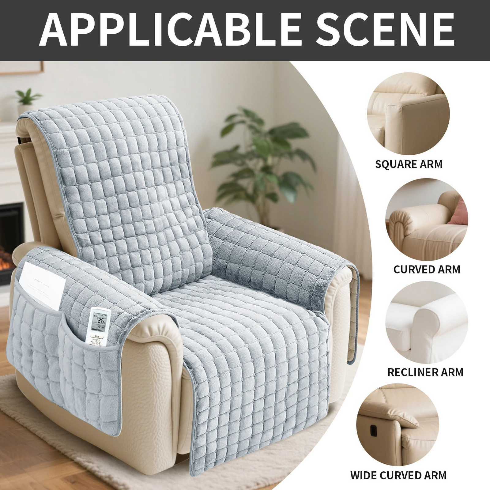 1 Seater Recliner Sofa Covers Flannel Plush Armchair Slipcovers with Side Pockets Relax Non Slip Sofa Mat Home Chair Cover Decor M251204 - view 3
