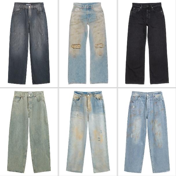 Designer Men's Jeans Street Fashion Distressed Wash Faded Freehand Sketching Ink Wide-Leg Pants
