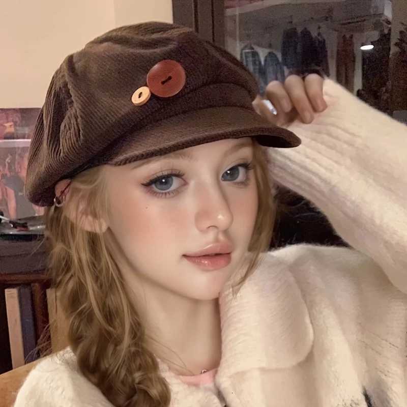 Vintage Beret Brown Vintage Japanese Style Octagonal Beret Hat with Button Flannel Face Painting CapXJ251204 - view 5