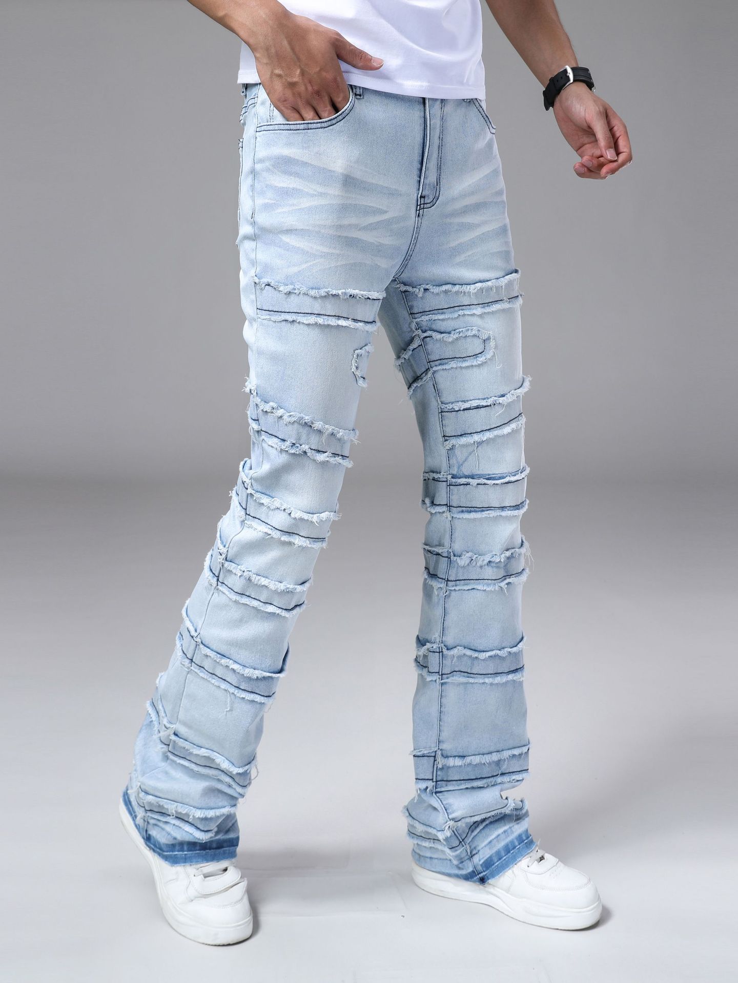New cross-border men's straight-leg pants a popular stretch patchwork denim straight-leg pants in European and American street fashion on Instagr