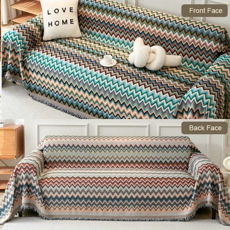 1PC Ethnic Sofa Towel Wave Print Jacquard Sofa Blanket With Tassels Four Seasons Universal Double Face Usable Home Decor M251204 - view 6