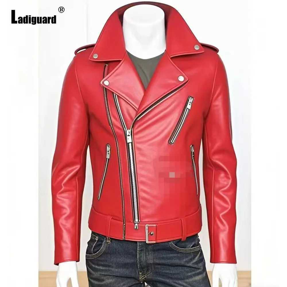 Plus Size Mens Fashion Rock Style PU Leather Jackets Sexy Multi-zippers Grunge Faux Leather Motorcycle Jacket Outerwear Red BlueT251204