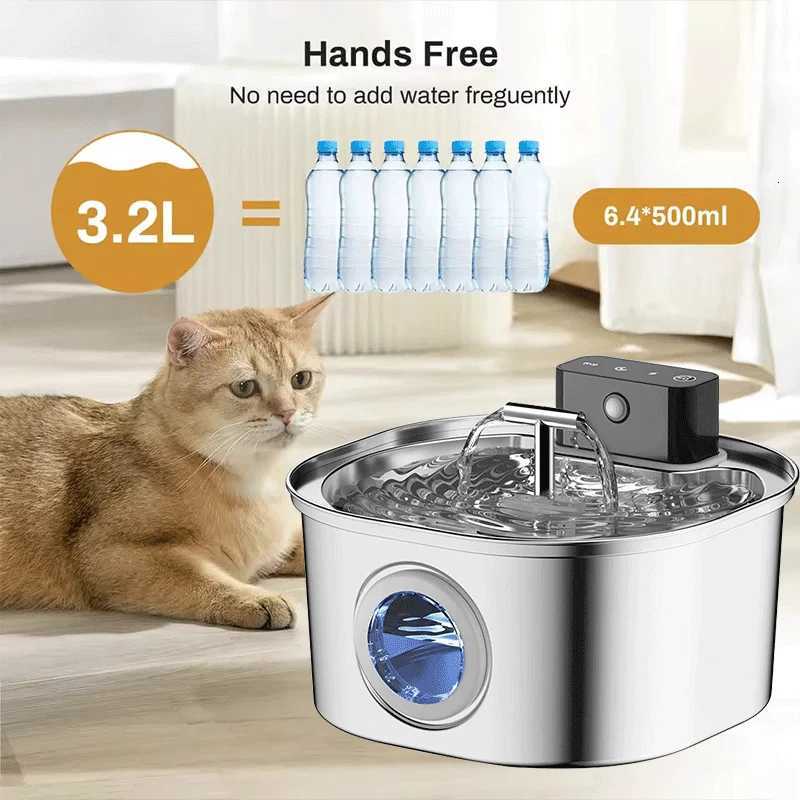 Voford 32L Stainless Steel Cat Water Fountain With 4000mAH Battery 3 Modes Dual Outlet Wireless Automatic Pet Drinking Fountain M251204