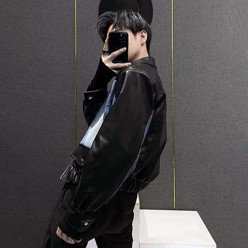 PFHQ Mens Leather Jacket Autumn New Trendy Denim Patchwork Design Versatile Simple Long Sleeve Lapel Zipper Men Coats 21E7531T251204