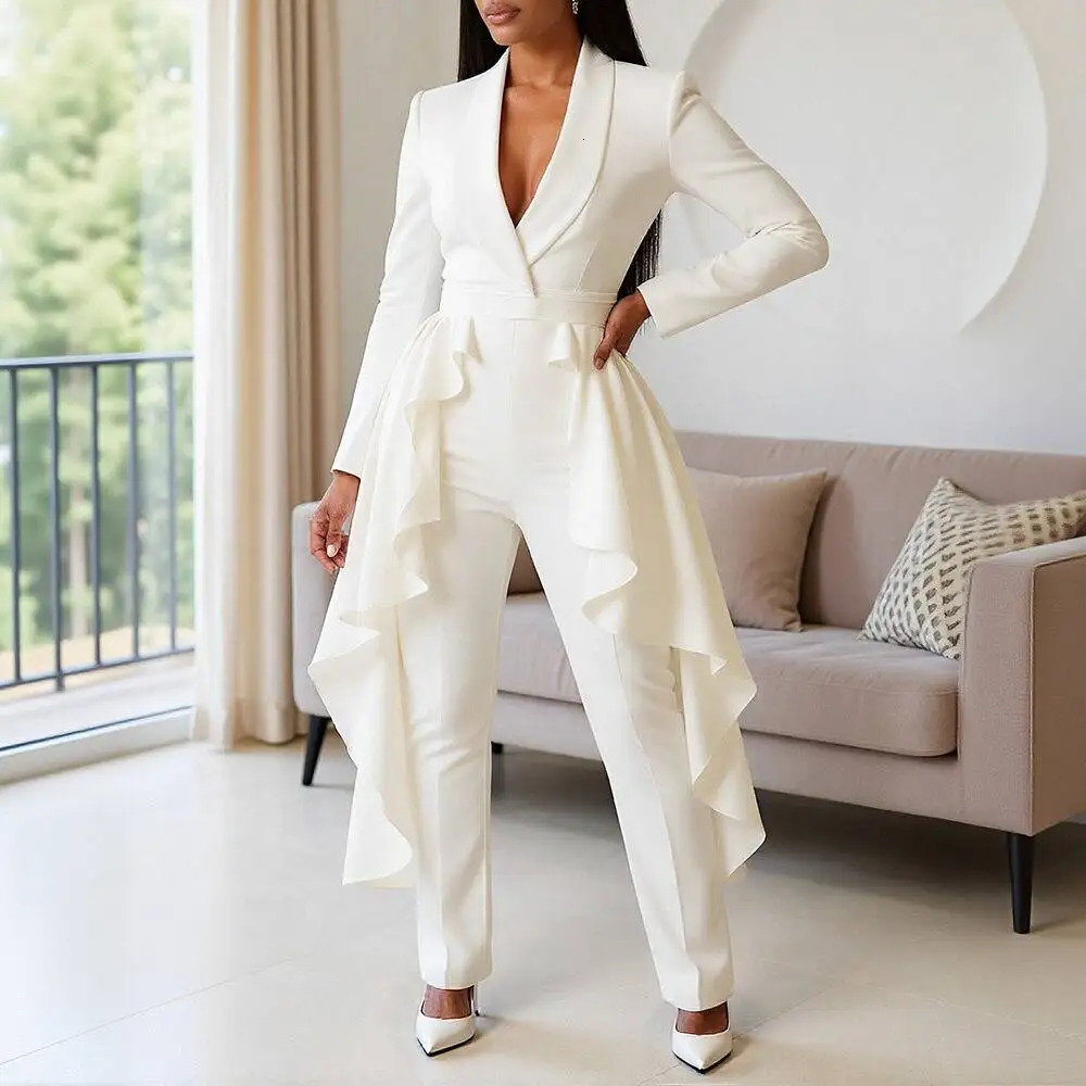 Womens Jumpsuit Elegant Long Sleeve VNeck Ruffled Hem Formal Party Chic Dressy 251204
