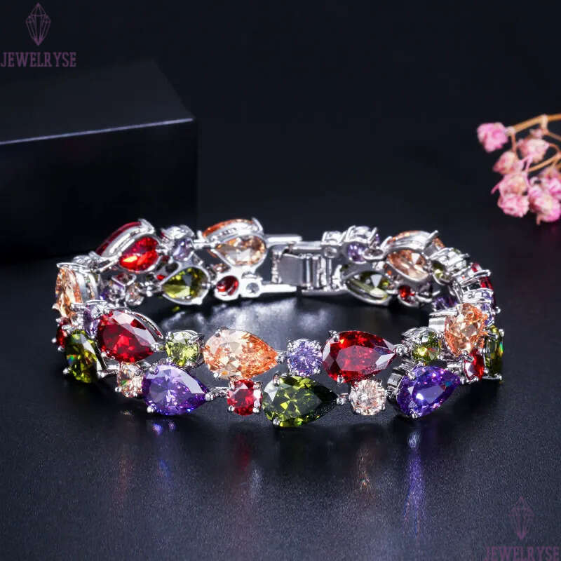top multicolor pear tennis designer for woman 18k gold diamond wedding bracelets chain green purple white AAA CZ womens luxury jewelry gift box