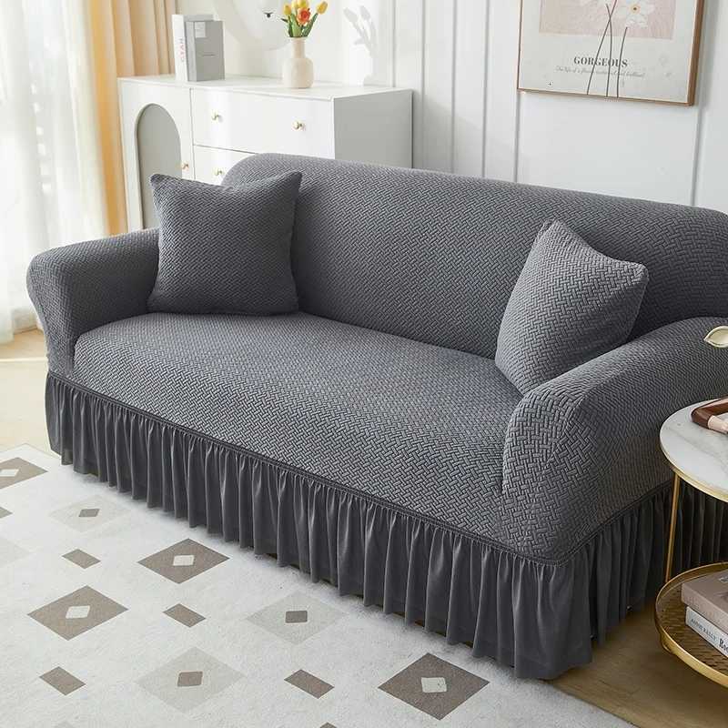Solid Color Thick Sofa Cover for Living Room Elastic Jacquard 1/2/3/4 Seater Sofa Cover With Skirt M251204 - view 5