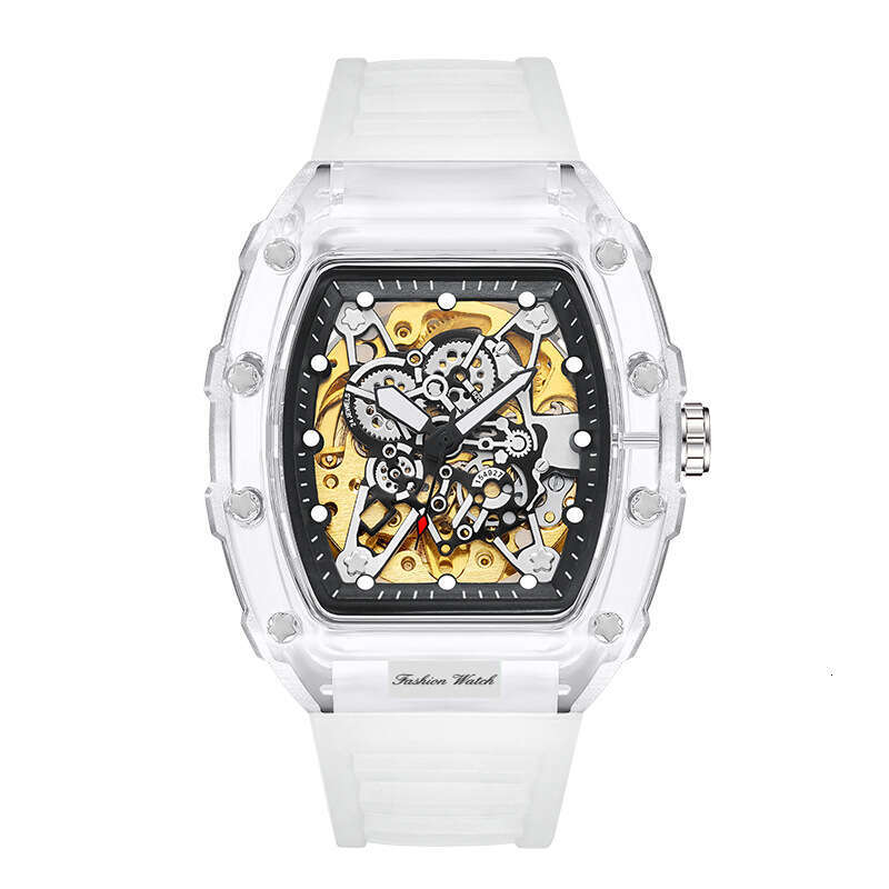 Fashion Barrel-Shaped Silicone Transparent Hollow Automatic Mechanical Watch for Men