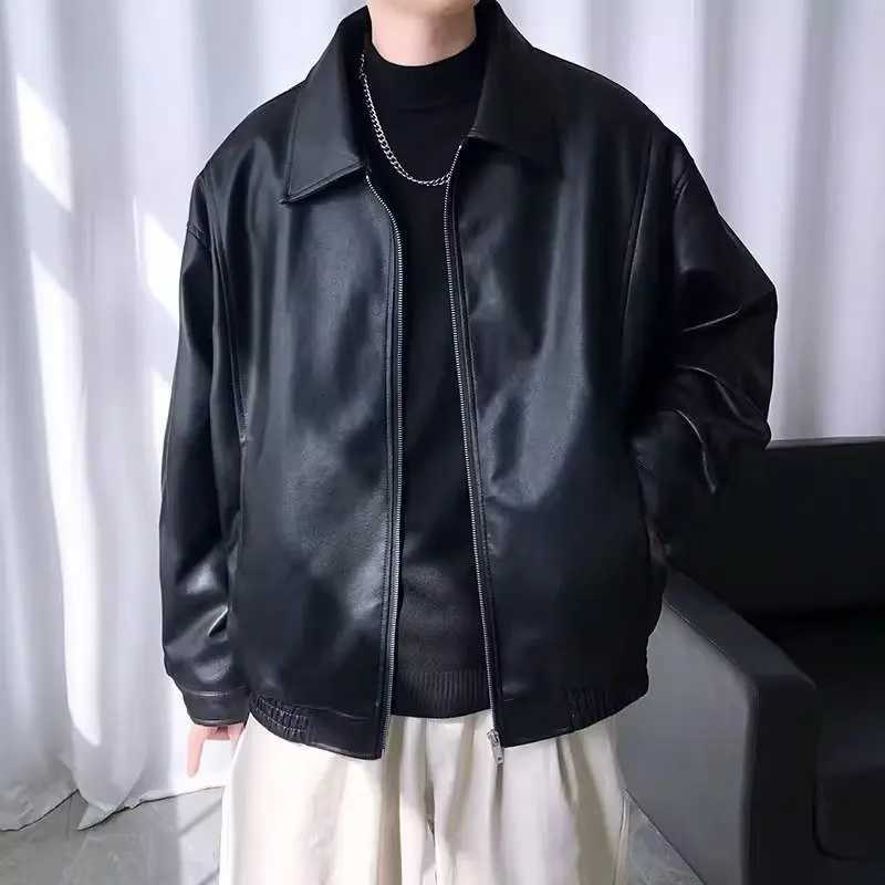 New Spliced lapel Zipper Pocket Mens Motorcycle Casual Handsome Retro Autumn and Winter PU Leather JacketT251204