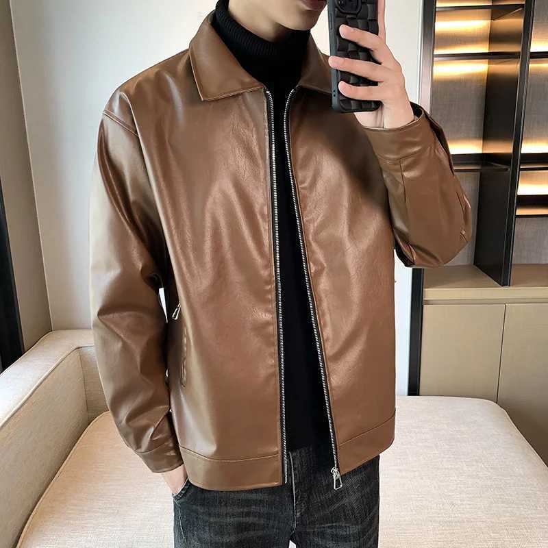 Mens Spring Autumn New Lapel Leather Jacket Casual Trendy American Biker Versatile Teenager Retro Jacket TopT251204