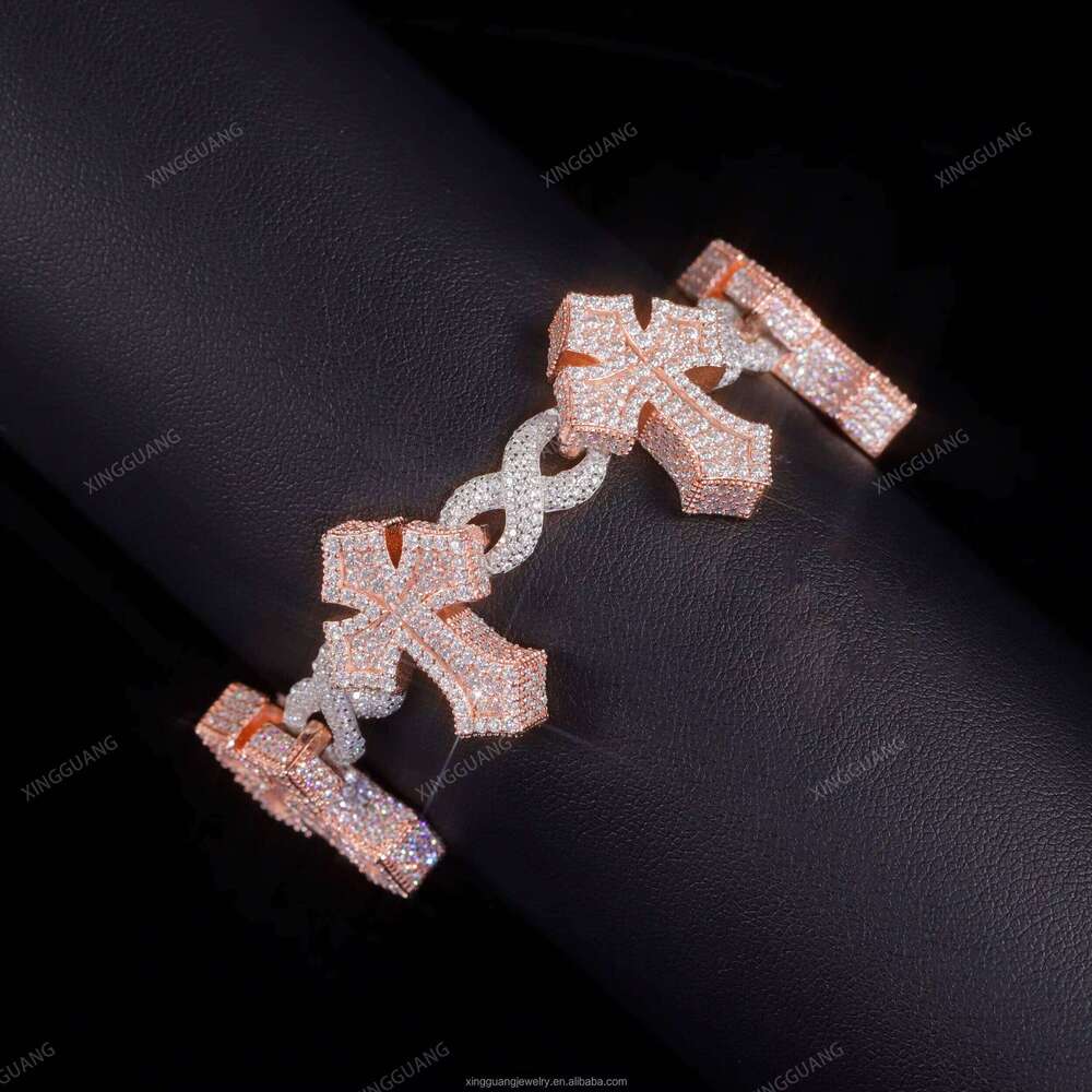 Starlight 925 Sterling Silver Iced Out Infinity Cross Cuban Chain Bracelet with VVS Silicon Stone Diamond Two-tone Hip Hop Style