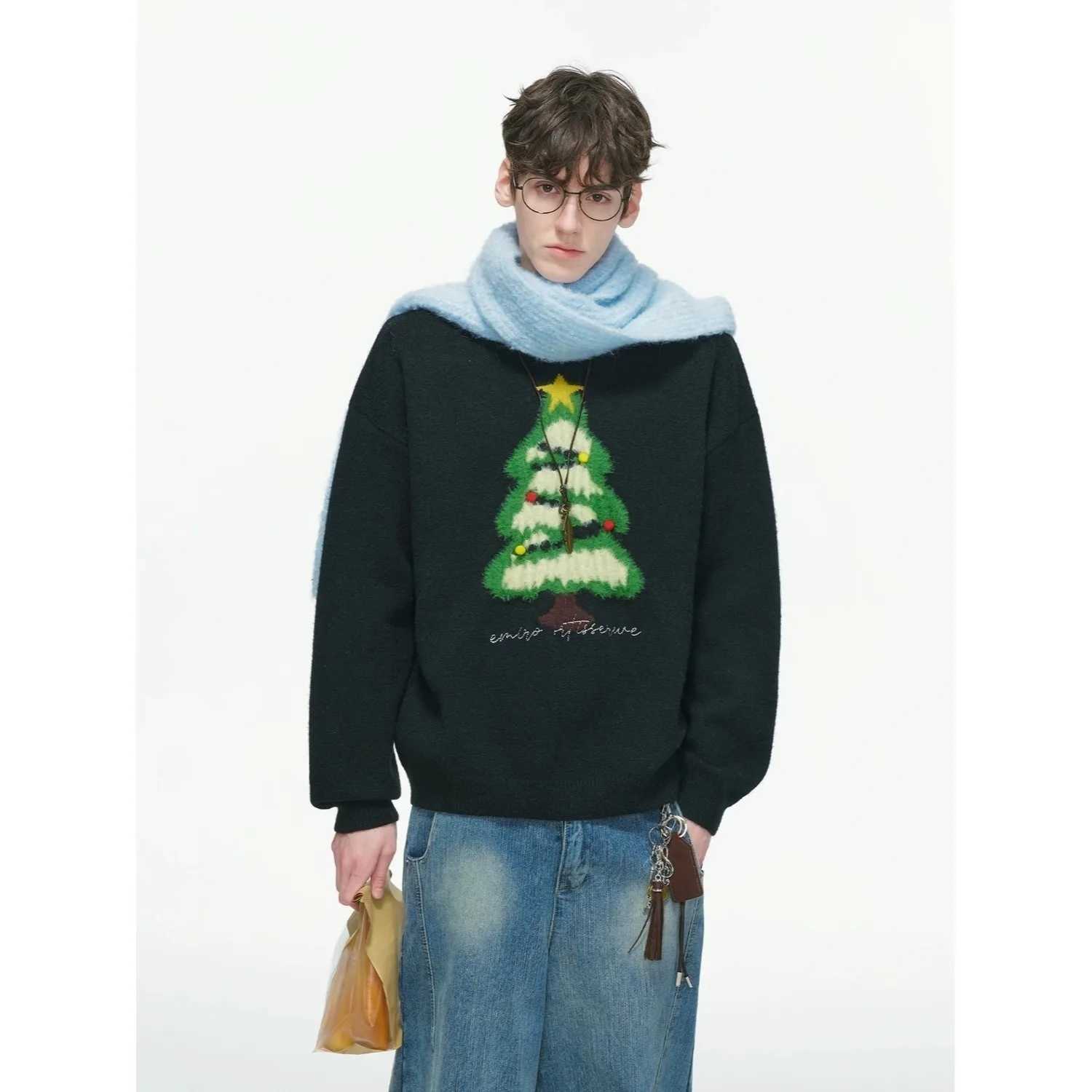 Christmas Tree American Retro Plu Cisas Tree Red Round Neck Sweater Men Women Couples Loose Versatile Knitted Pullover Trendy J251203
