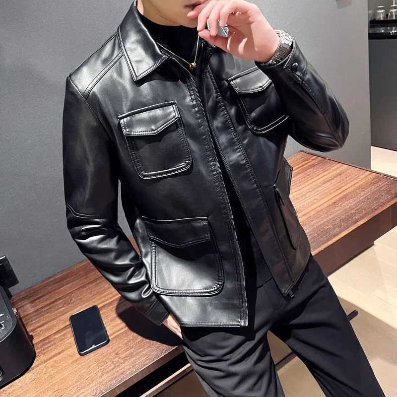 High Quality Clothing Fashion Trend Personalized Leather Mens Jacket New Mens Standing Collar PU Leather Jacket MenT251204