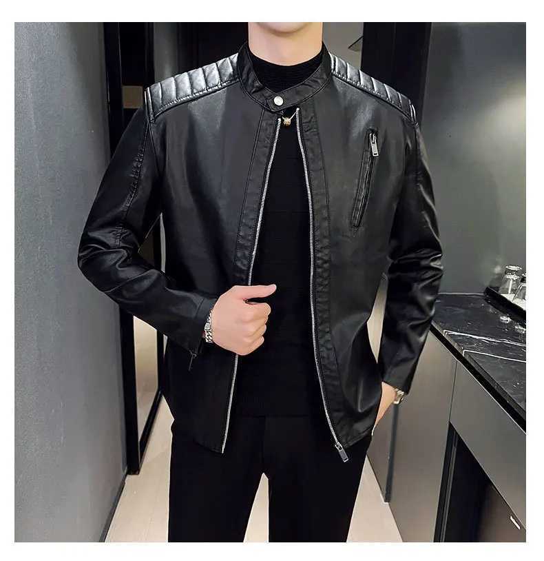 Autumn Winter Man Leather Jacket Thin Simple Solid Stand Collar Men Coat Motorcycle Punk Long Sleeve Zipper Outerwear For MaleT251204
