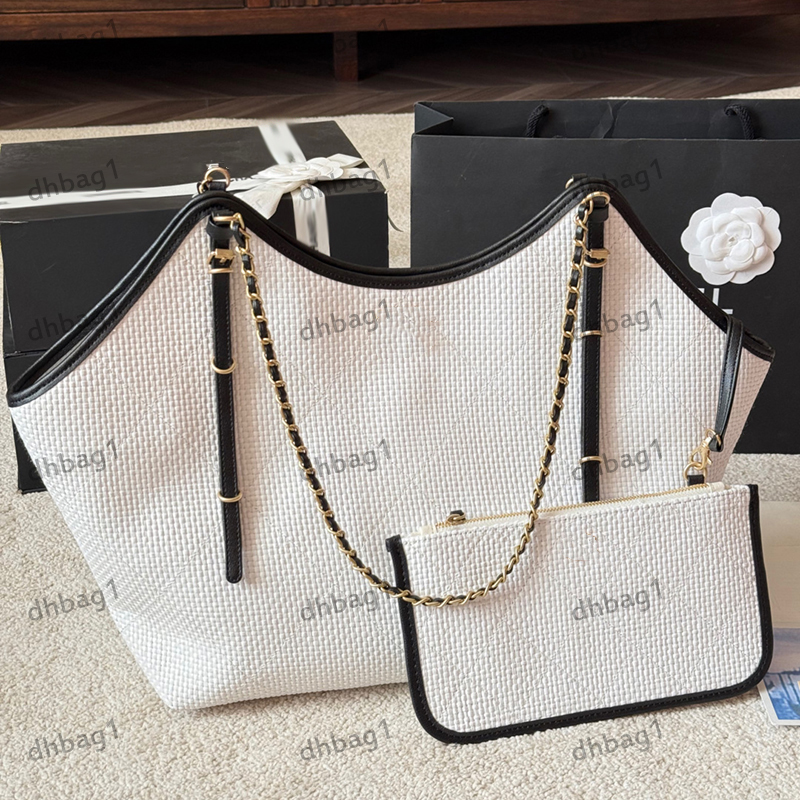 Ladies Beach Tote Shoulder Bag Stripes Braided Design Two-tone Leather Strap Gold Metal Chain Travel Shopping Handbags Purse Airport sacoche Designer Womens 30cm