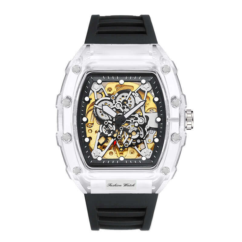 Fashion Barrel-Shaped Silicone Transparent Hollow Automatic Mechanical Watch for Men