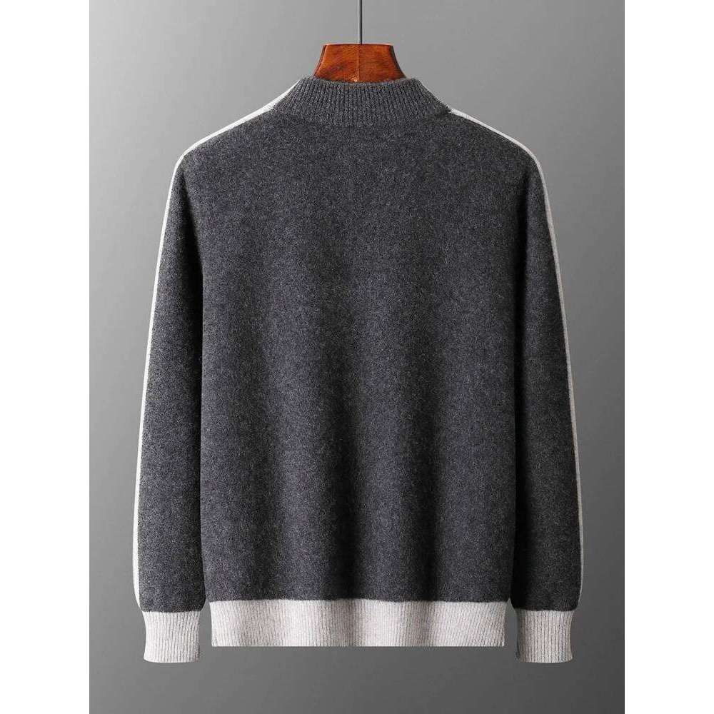 Chic Autumn Winter 100% Merino Wool Knitted Sweater Warm Jacquard Zipper Cardigan Coat Men's Thick Mock Neck Casual New Tops Mdng2510
