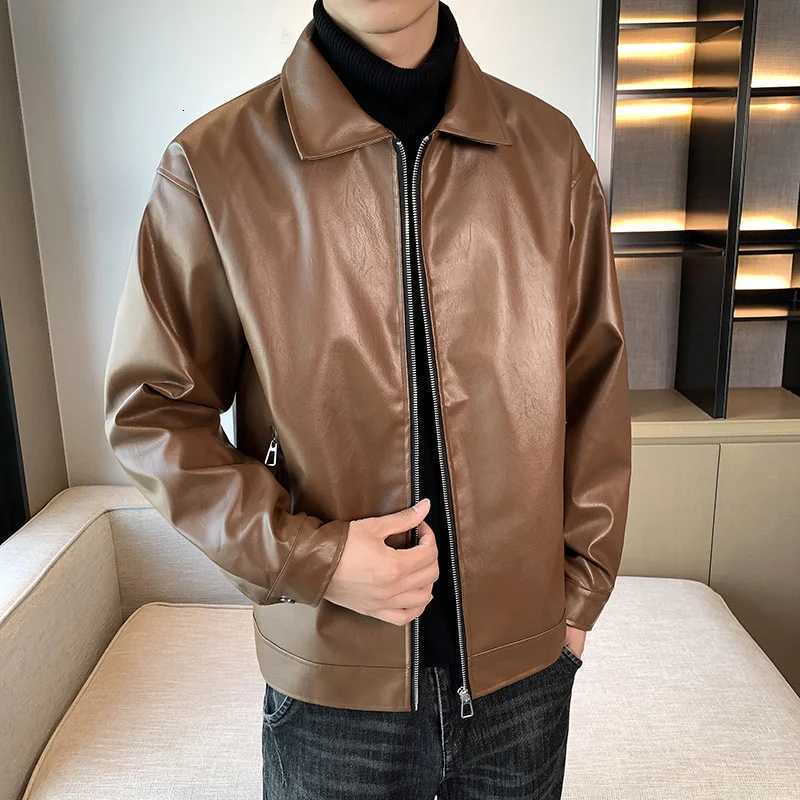 Mens Spring Autumn New Lapel Leather Jacket Casual Trendy American Biker Versatile Teenager Retro Jacket TopT251204