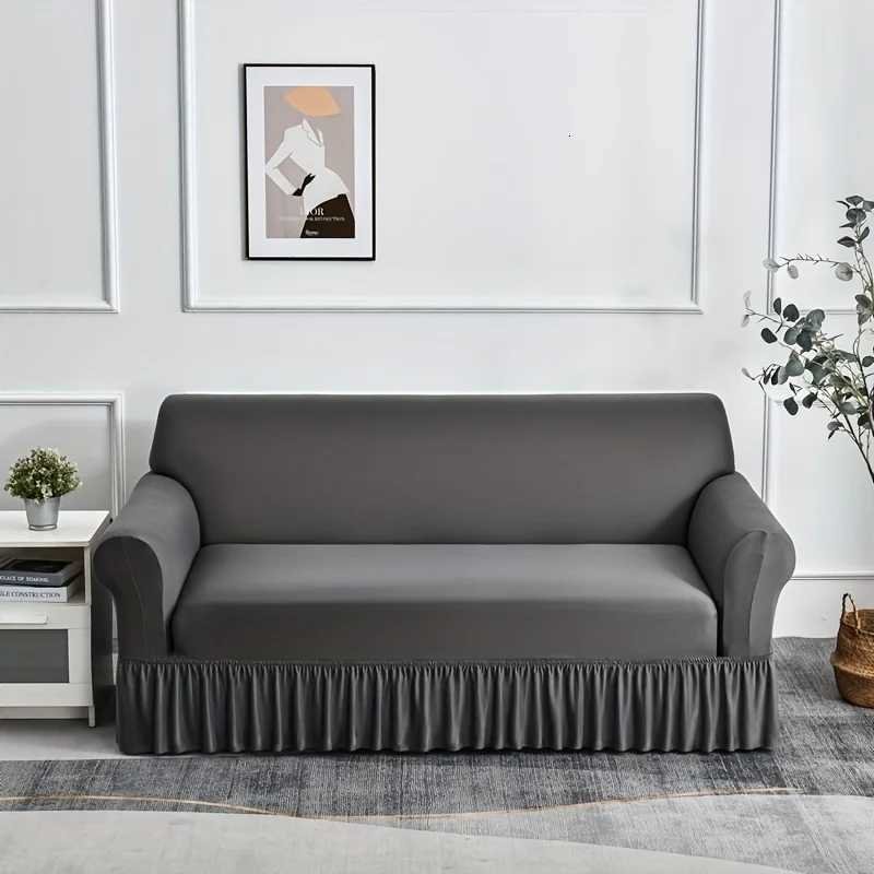 1pc Stretch Sofa Slipcover Non-slip Sofa CoverWith Skirt Solid Color Couch Cover for Bedroom Office Living Room Home Decor M251204 - view 6