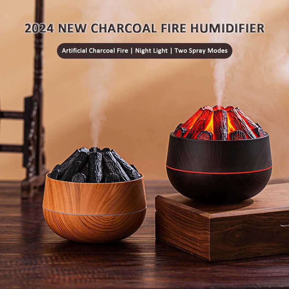 200ML Ara Diffuser Mist Sprayer Air Humidifier Artificial Charcoal Fire Mini Diffuser with Night Light for He C251204