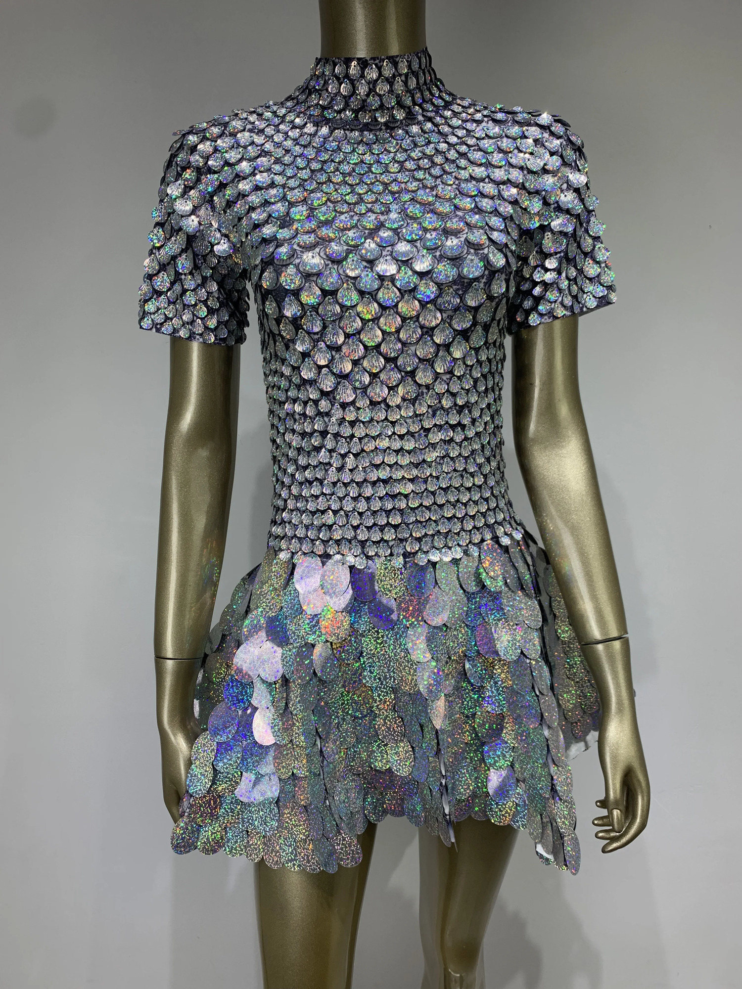 Summer Women Fashion Half High Neck Short Sleeve Shiny Mermaid Sequin Mini Dress Club Dress Nightclub Stage Performance Costume 251203