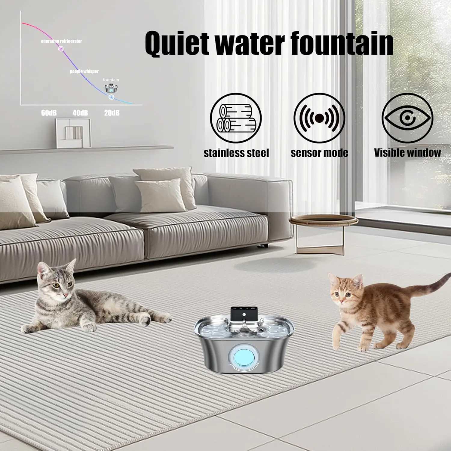 Voford 32L Cat Water Fountain Stainless Steel Automatic Pet Water Dispenser with 4200mAh Battery Motion Sensor Multi-Filtration M251204