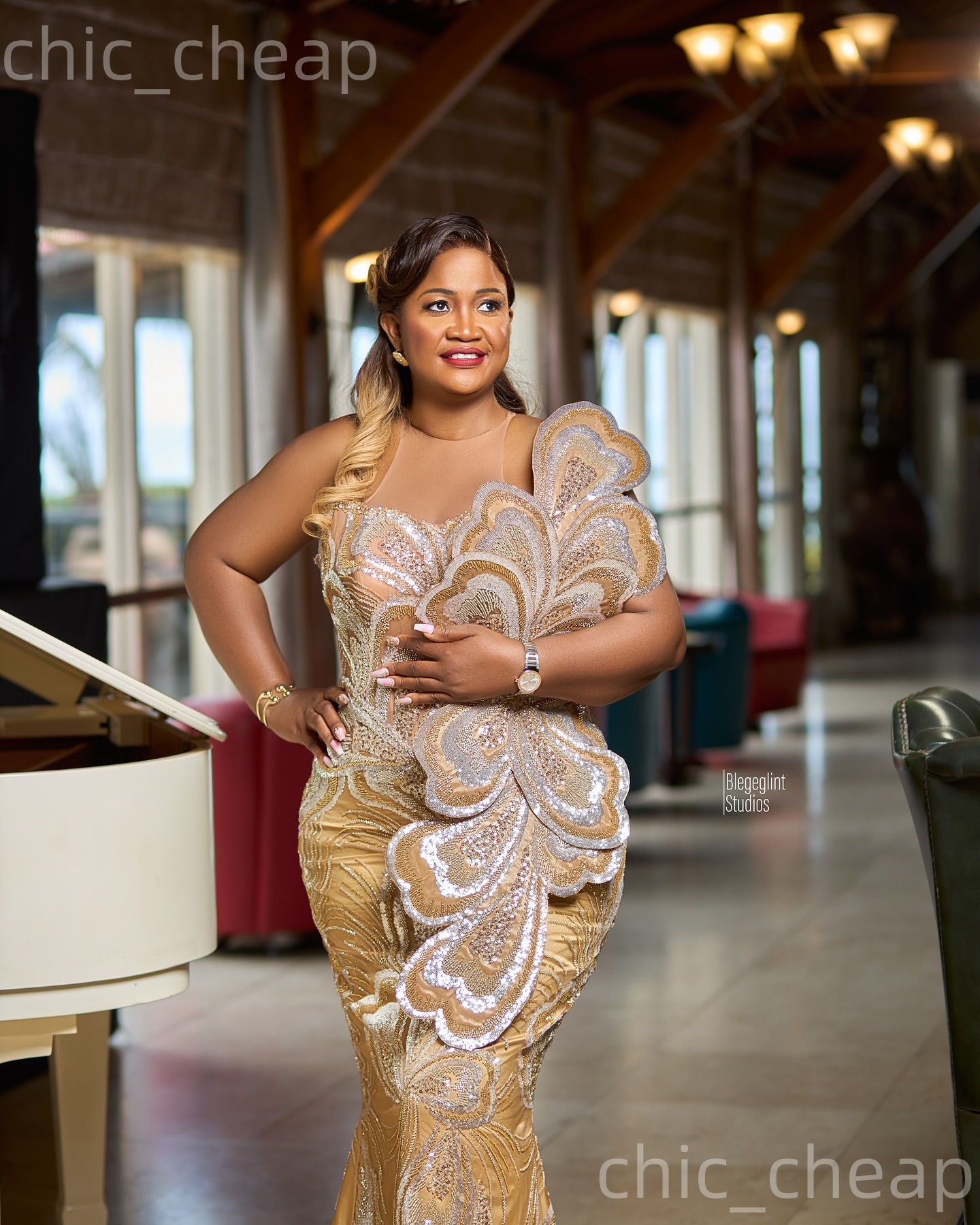 Aso Ebi Gold Mermaid Prom Dresses 2026 Florals Sheer Neck Sequined Evening Formal Party Second Birthday Engagement Gowns Plus Size Dress For Special O