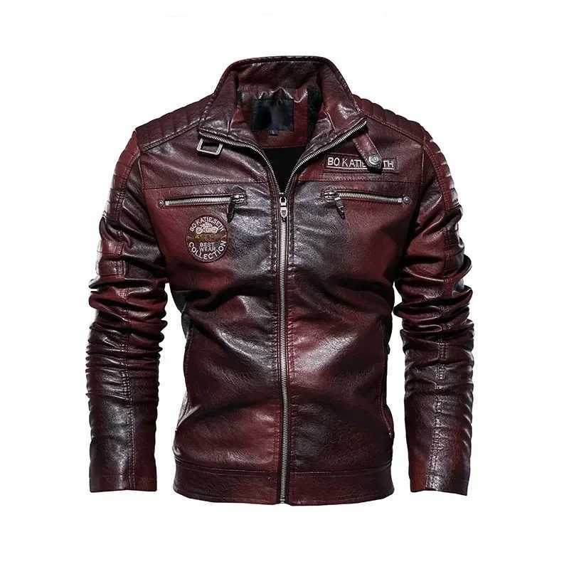 Mens Stand Collar Leather Jacket Winter Fleece Motorcycle Faux Leather Windbreaker Jacket Removable Fur Collar Slim Biker CoatT251204