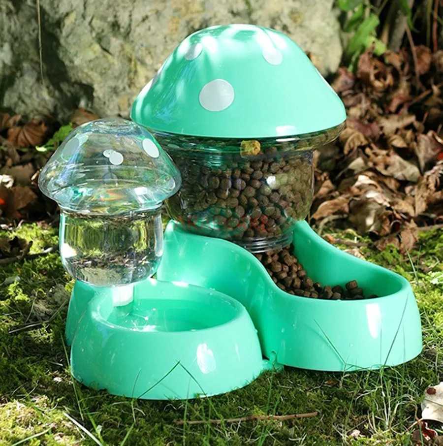 2PCS Cat Automatic Feeder Mushroom Shape Water Bottle Pet Bowl Feeding Watering Supplies Dog Food Dispenser M251204
