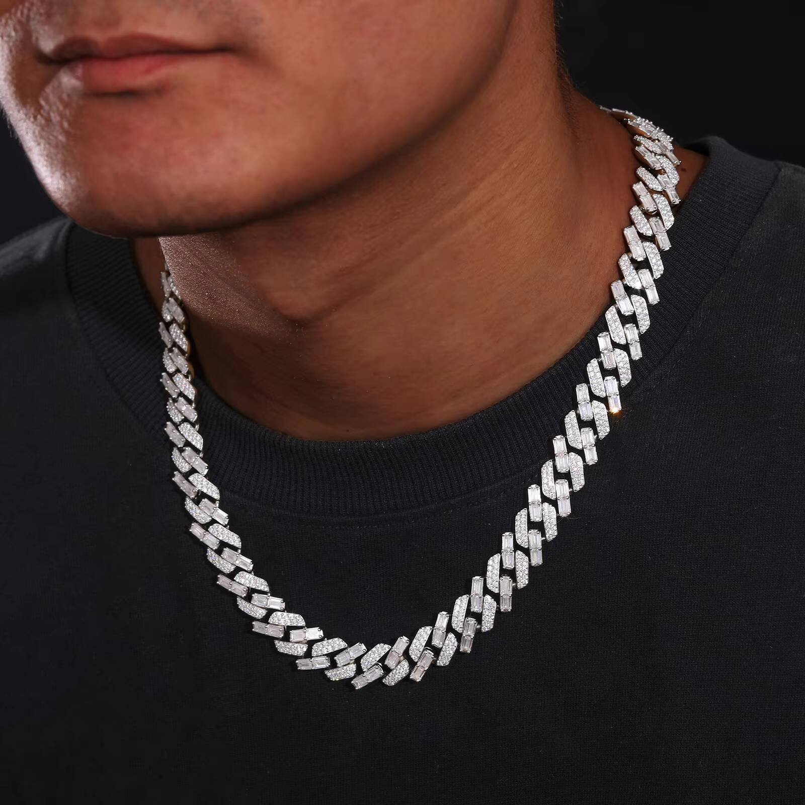 Pass Diamond Tester 12mm 14K 18K 925 Sterling Silver VVS Baguette Moissanite Iced Out Cuban Link Chain Necklace for Men