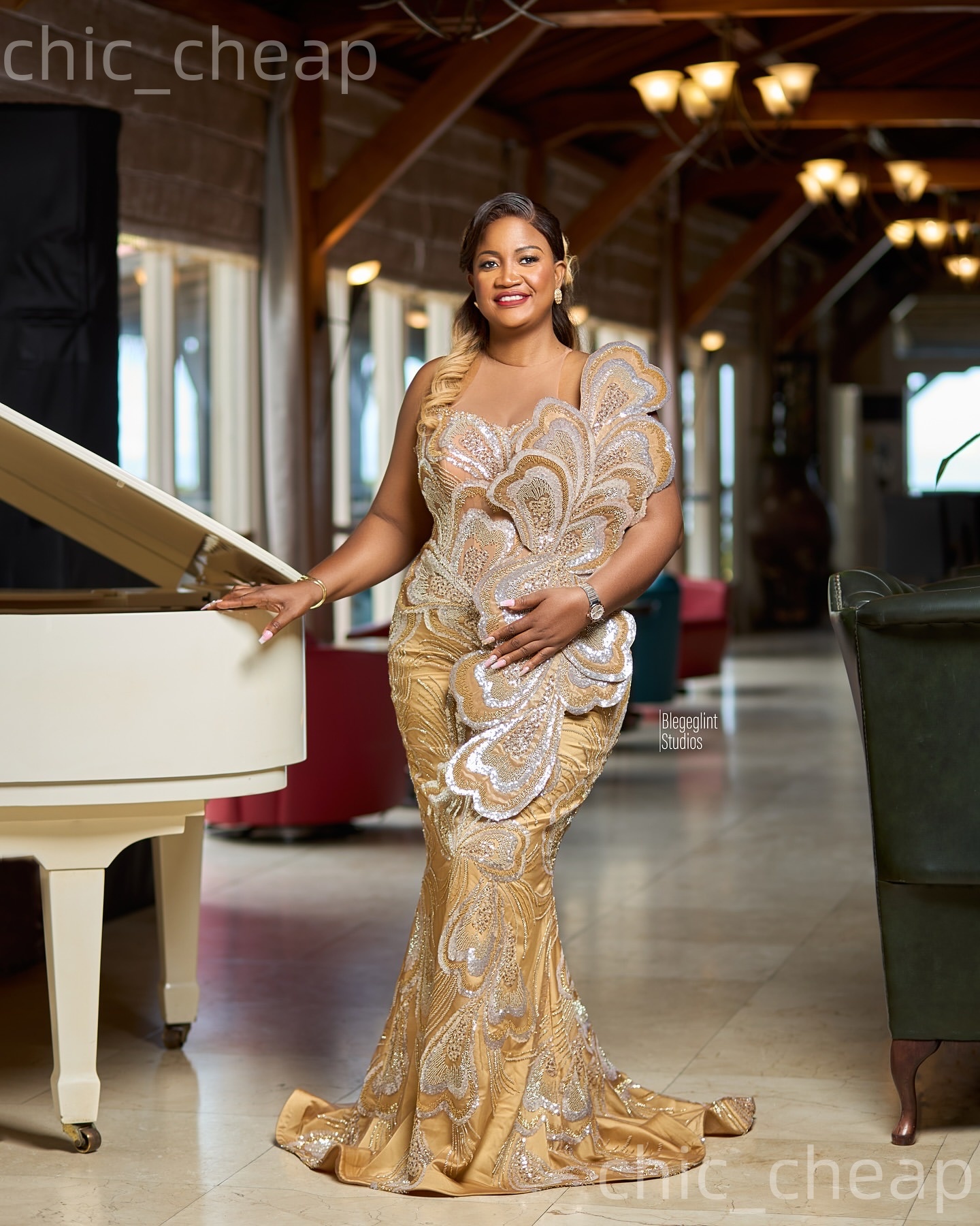 Aso Ebi Gold Mermaid Prom Dresses 2026 Florals Sheer Neck Sequined Evening Formal Party Second Birthday Engagement Gowns Plus Size Dress For Special O